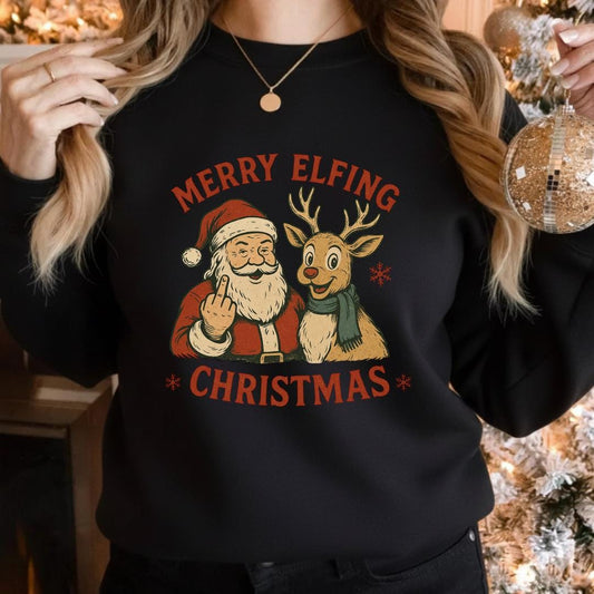 Funny Santa Middle Finger Sweatshirt, Merry Elfing Christmas Sweater, Offensive Christmas Gift, Black Holiday Crewneck Unisex Chrismast