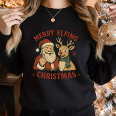 Funny Santa Middle Finger Sweatshirt, Merry Elfing Christmas Sweater, Offensive Christmas Gift, Black Holiday Crewneck Unisex Chrismast