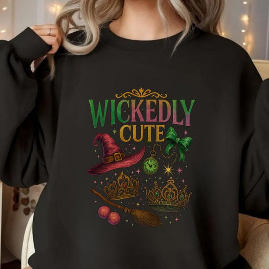 Wickedly Cute Witchy Sweatshirt | Vintage Halloween Aesthetic | Witch Hat Broom Bow Stars | Cozy Fall Spooky Season Crewneck Unisex