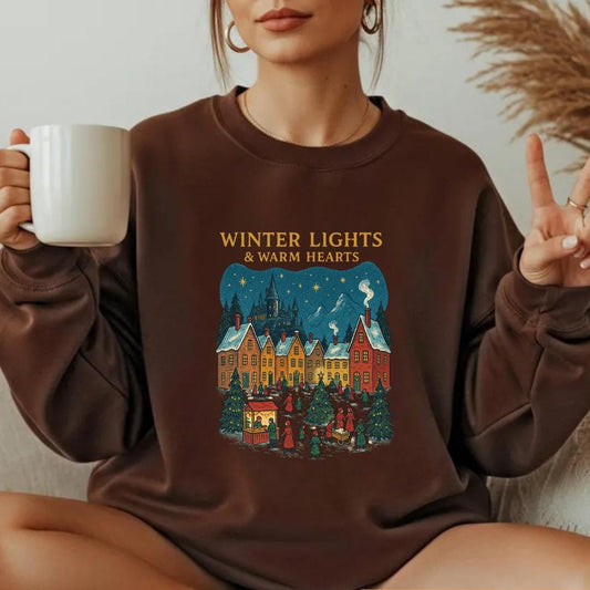 Winter Lights & Warm Hearts Wizard Castle Sweatshirt | Christmas Cottagecore Holiday Crewneck