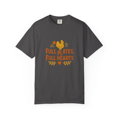 Full Plates Full Hearts Thanksgiving Shirt - Fall Turkey Graphic Tee - Autumn Family Dinner Shirt - Holiday Feast T-Shirt - Cozy Fall Outfit