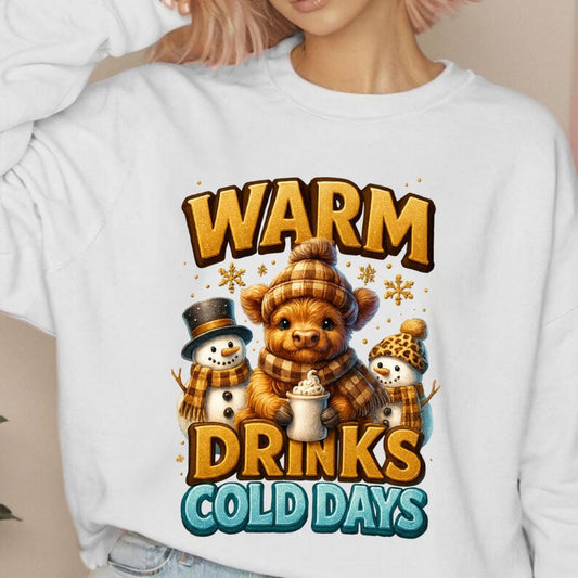 Warm Drinks Cold Days Sweatshirt | Teddy Bear & Snowman Winter Design