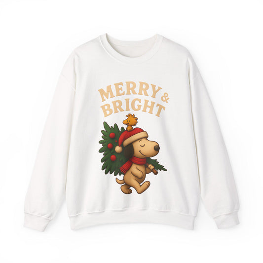 Merry & Bright Christmas Dog Sweatshirt - Cute Holiday Puppy Shirt - Vintage Christmas Tree Design - Cozy Winter Family Xmas Sweater